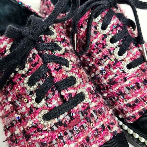 Authentic Chanel Lace Up  Pink and Black Tweed Pearl "CC" Logo Platform Sneakers - Picture 11 of 16